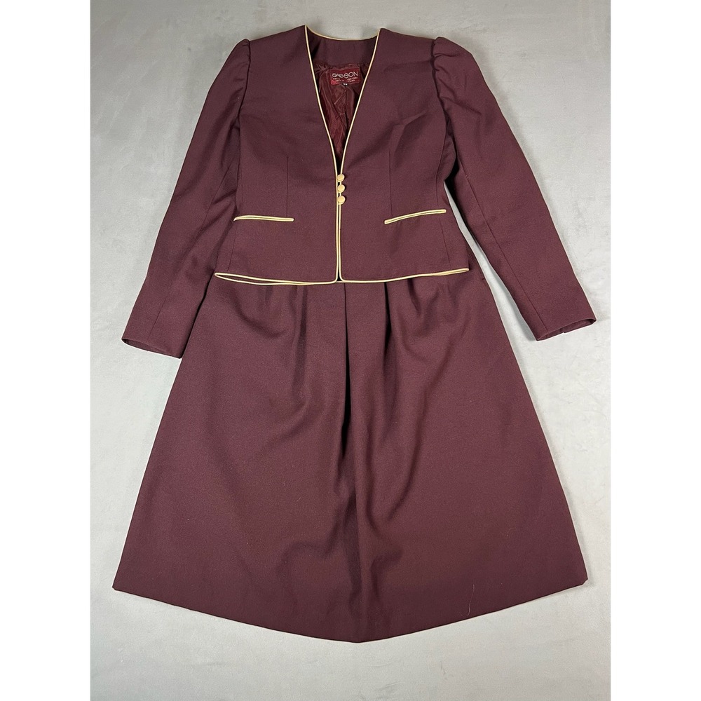 Vintage Sasson Burgundy Skirt Suit Set Cream Piping 80s Blazer Midi Skirt 4/5